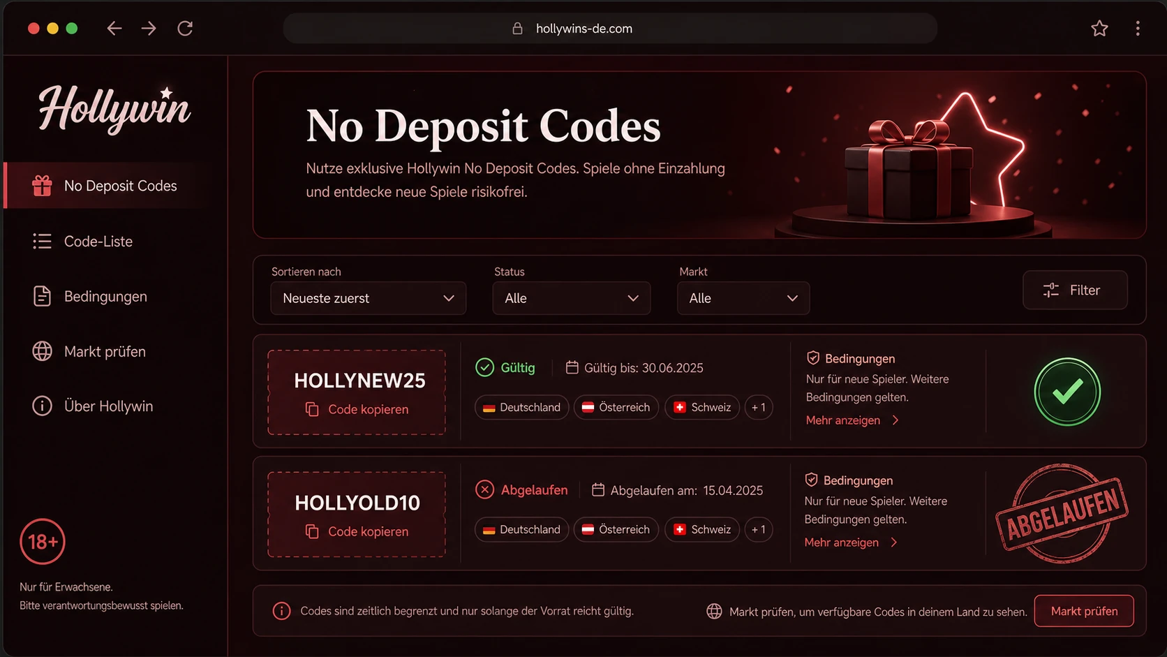 Hollywin No Deposit Bonus Codes und Code-Listen